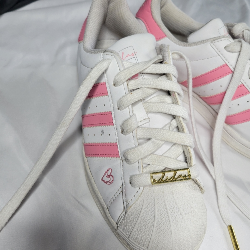 Adidas White and Pink Superstar Sneakers with Iconic Shell Toe
